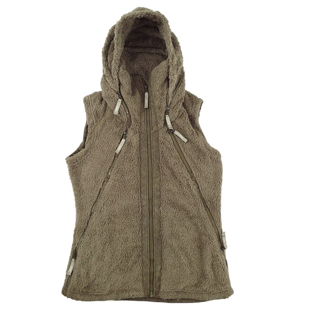 Kuhl Flight Vest Women Small Brown Deep Pile Sherpa Fleece Full Zip Hidden Hood